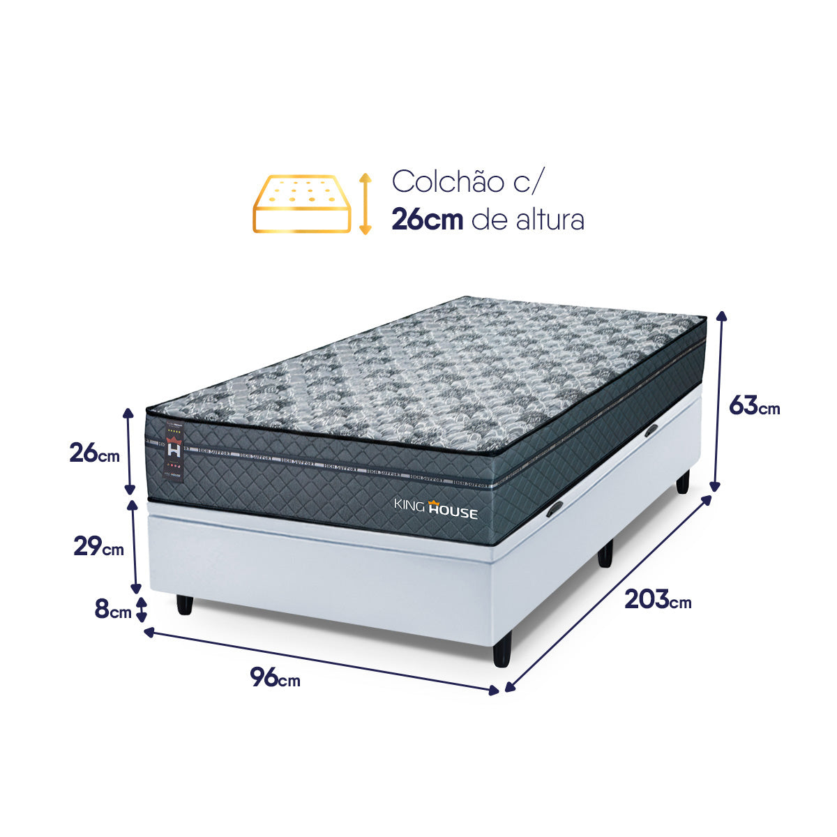 Cama Box Baú Montreal 96x203 Cinza e Branco c/ Molas Ensacadas Espuma D26 Suporta 110 kg