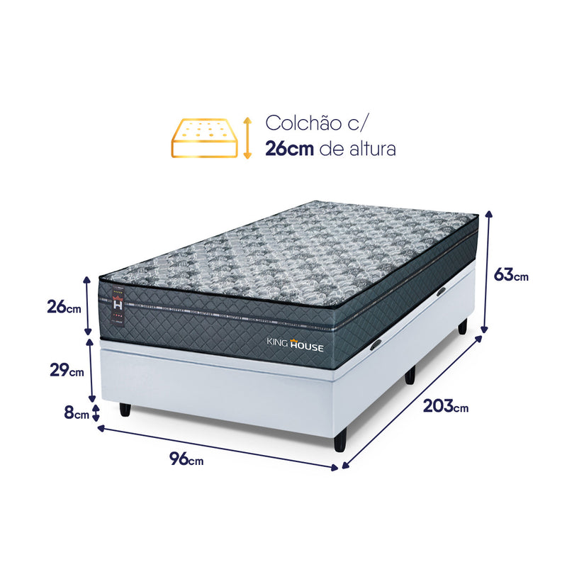 Cama Box Baú Montreal 96x203 Cinza e Branco c/ Molas Ensacadas Espuma D26 Suporta 110 kg