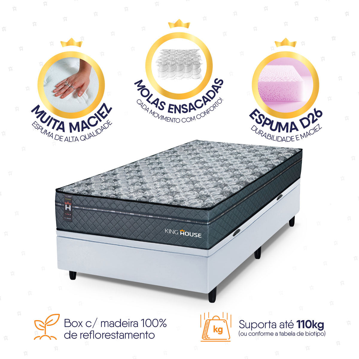Cama Box Baú Montreal 96x203 Cinza e Branco c/ Molas Ensacadas Espuma D26 Suporta 110 kg