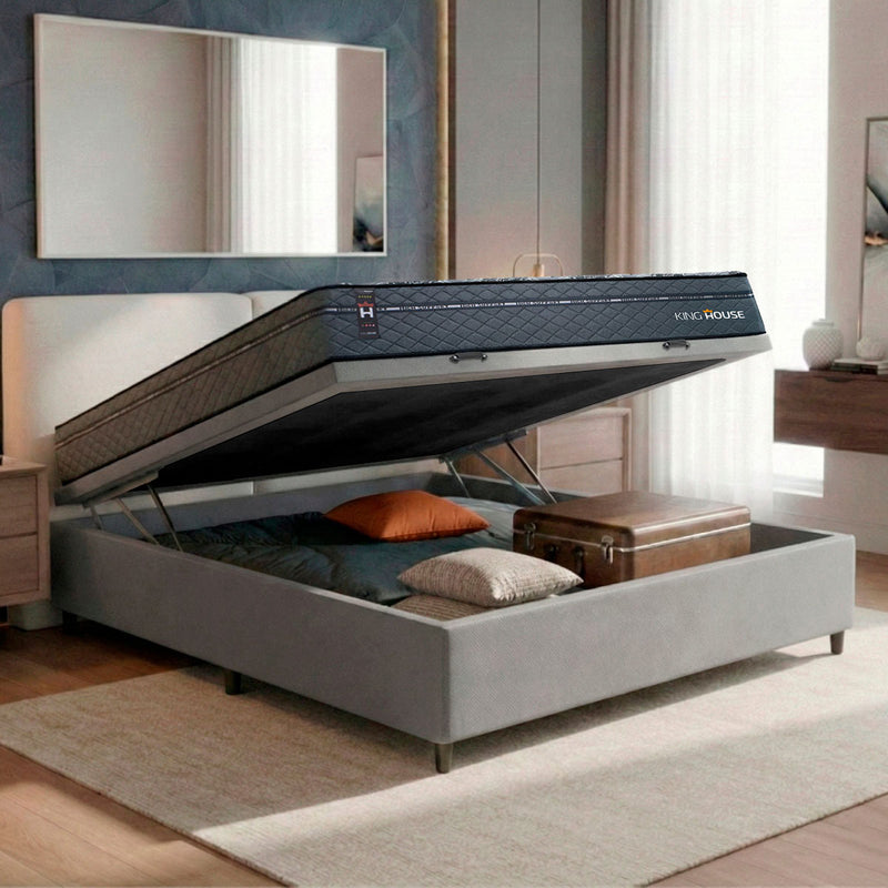 Cama Box Baú Montreal 138x188 Cinza c/ Molas Ensacadas Espuma D26 Suporta 110 kg