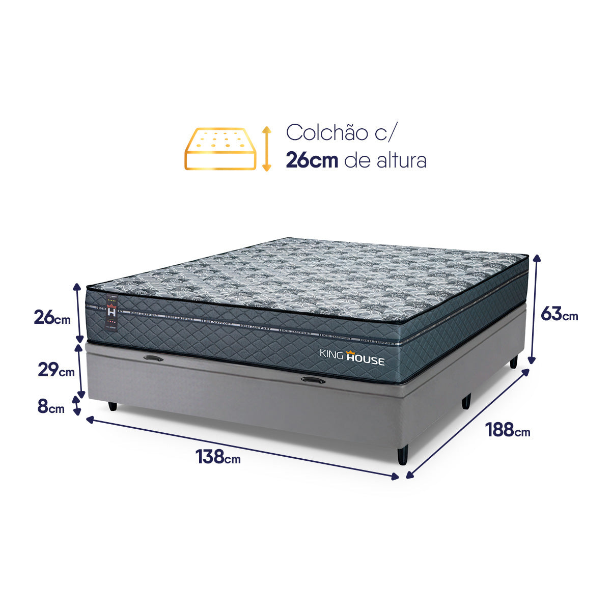 Cama Box Baú Montreal 138x188 Cinza c/ Molas Ensacadas Espuma D26 Suporta 110 kg