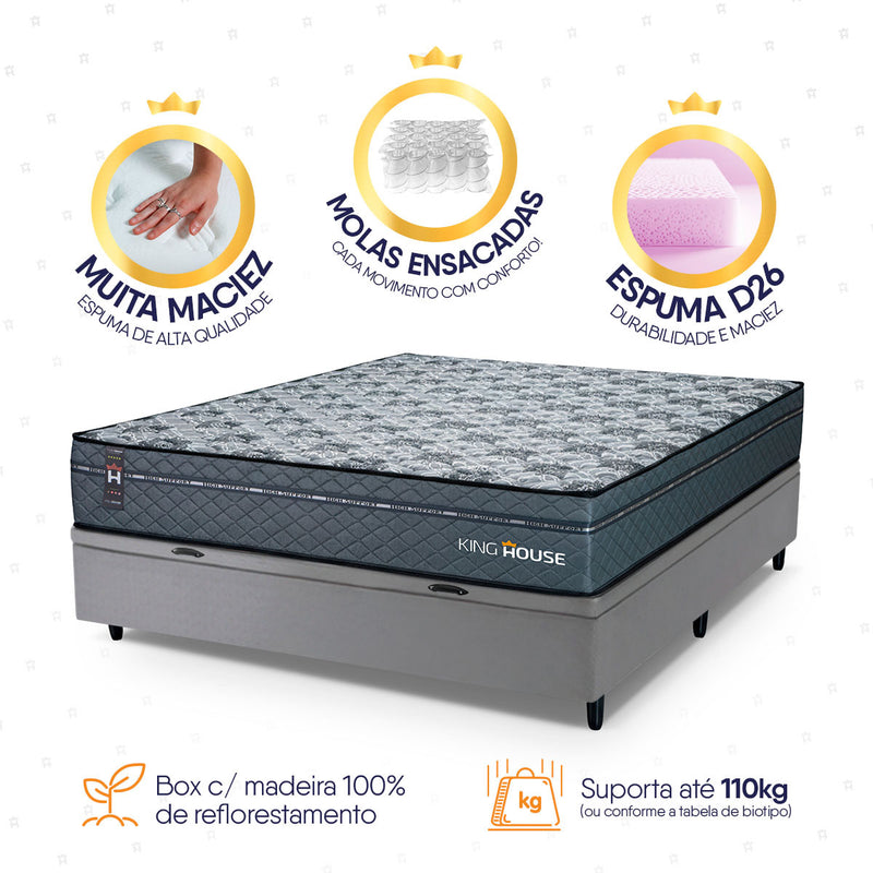Cama Box Baú Montreal 138x188 Cinza c/ Molas Ensacadas Espuma D26 Suporta 110 kg