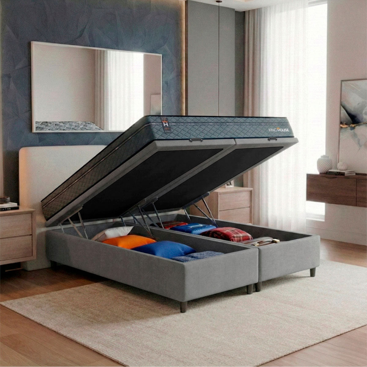 Cama Box Baú Montreal c/ Molas Ensacadas 158x198 Cinza Espuma D26 Suporta 110 kg