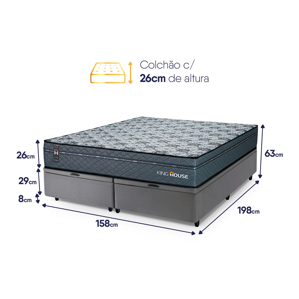 Cama Box Baú Montreal c/ Molas Ensacadas 158x198 Cinza Espuma D26 Suporta 110 kg