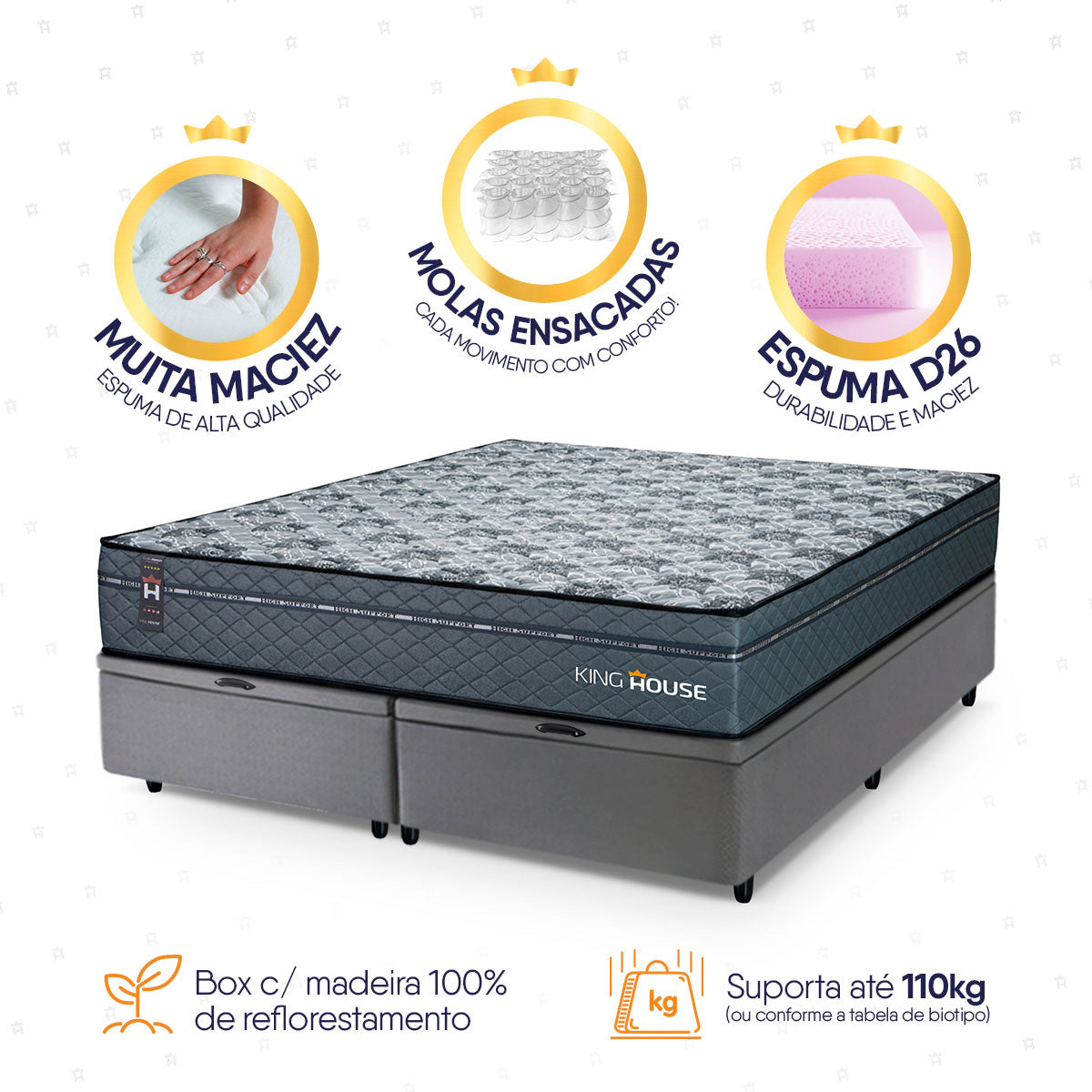 Cama Box Baú Montreal c/ Molas Ensacadas 158x198 Cinza Espuma D26 Suporta 110 kg