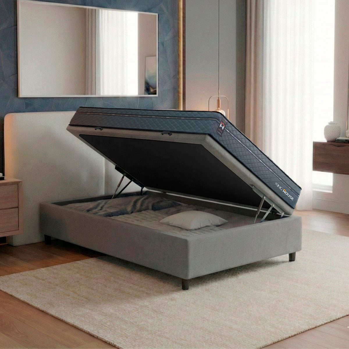 Cama Box Baú Montreal 88x188 Cinza c/ Molas Ensacadas Espuma D26 Suporta 110 kg