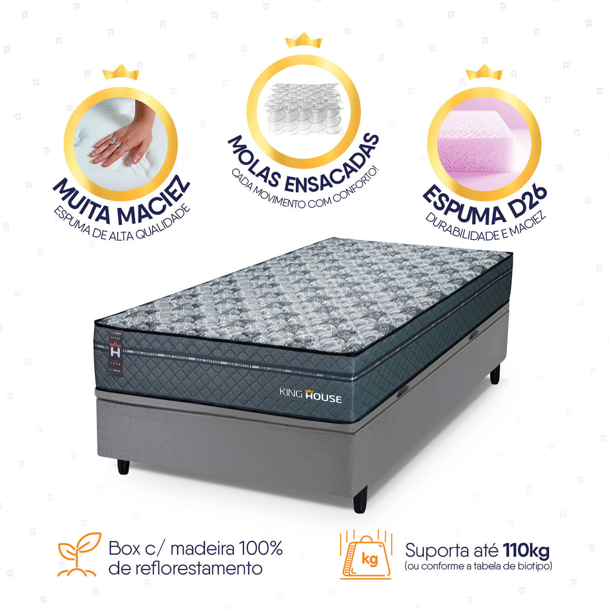 Cama Box Baú Montreal 88x188 Cinza c/ Molas Ensacadas Espuma D26 Suporta 110 kg