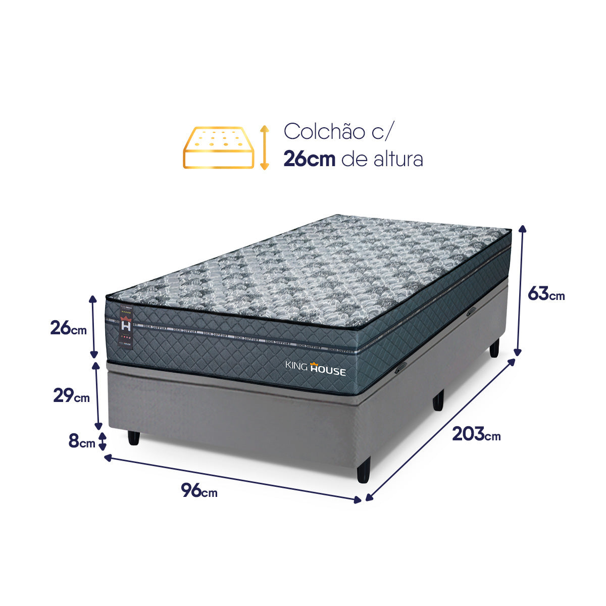 Cama Box Baú Montreal 96x203 Cinza c/ Molas Ensacadas Espuma D26 Suporta 110 kg