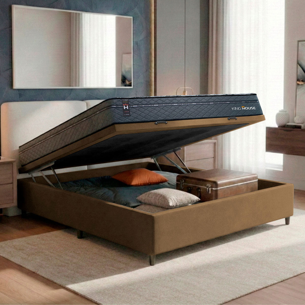 Cama Box Baú Montreal 138x188 Cinza e Marrom c/ Molas Ensacadas Espuma D26 Suporta 110 kg