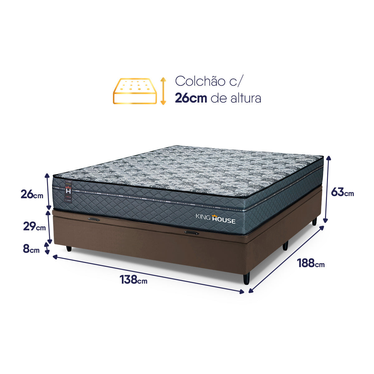Cama Box Baú Montreal 138x188 Cinza e Marrom c/ Molas Ensacadas Espuma D26 Suporta 110 kg
