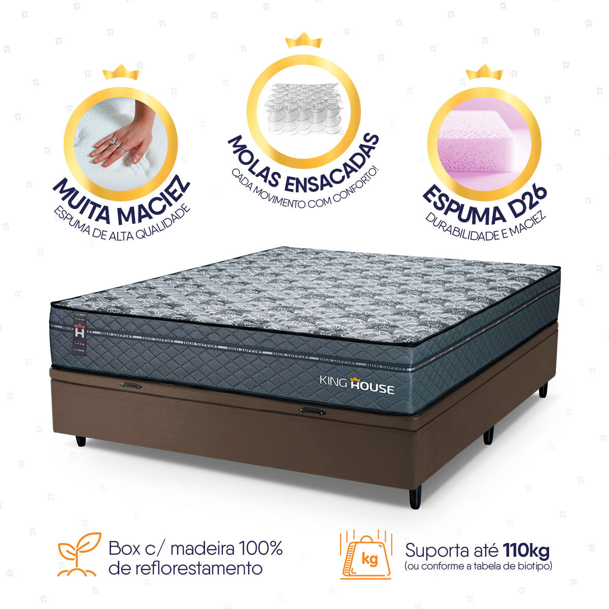 Cama Box Baú Montreal 138x188 Cinza e Marrom c/ Molas Ensacadas Espuma D26 Suporta 110 kg