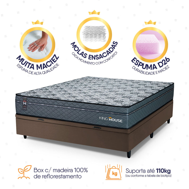 Cama Box Baú Montreal 138x188 Cinza e Marrom c/ Molas Ensacadas Espuma D26 Suporta 110 kg