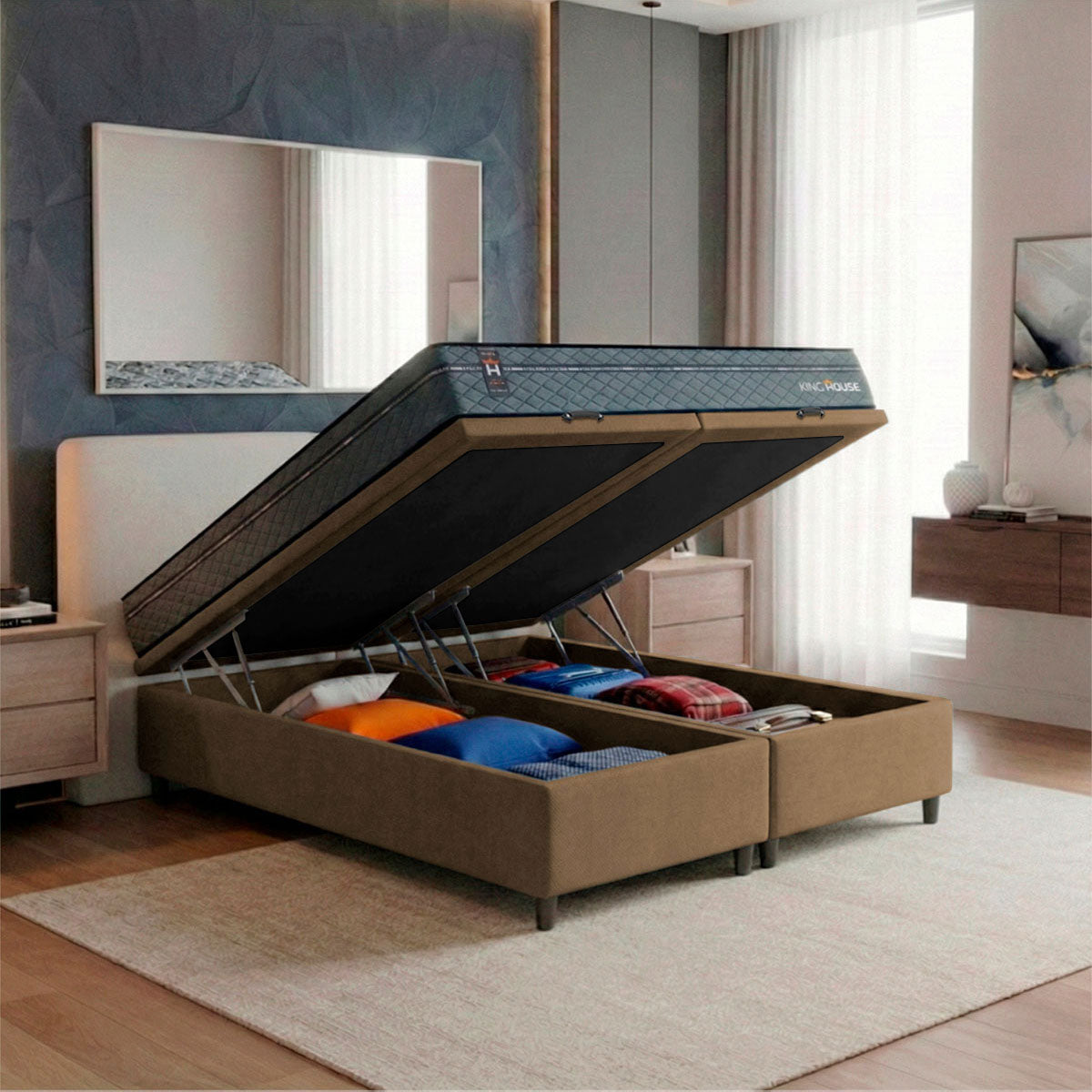 Cama Box Baú Montreal c/ Molas Ensacadas 158x198 Cinza e Marrom Espuma D26 Suporta 110 kg