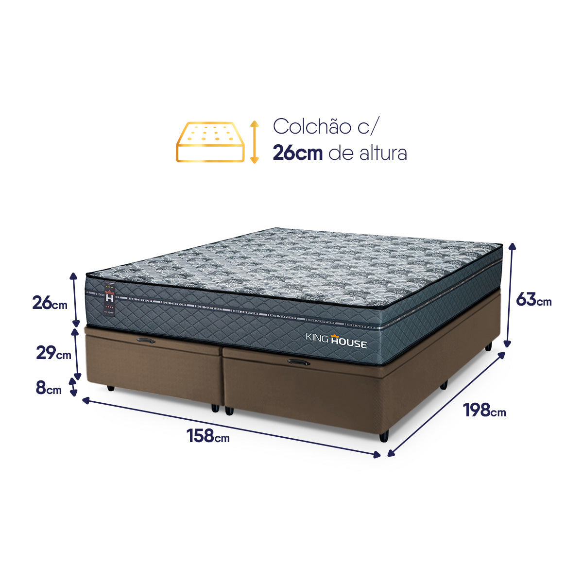 Cama Box Baú Montreal c/ Molas Ensacadas 158x198 Cinza e Marrom Espuma D26 Suporta 110 kg