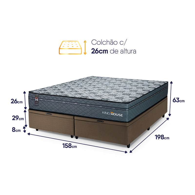 Cama Box Baú Montreal c/ Molas Ensacadas 158x198 Cinza e Marrom Espuma D26 Suporta 110 kg