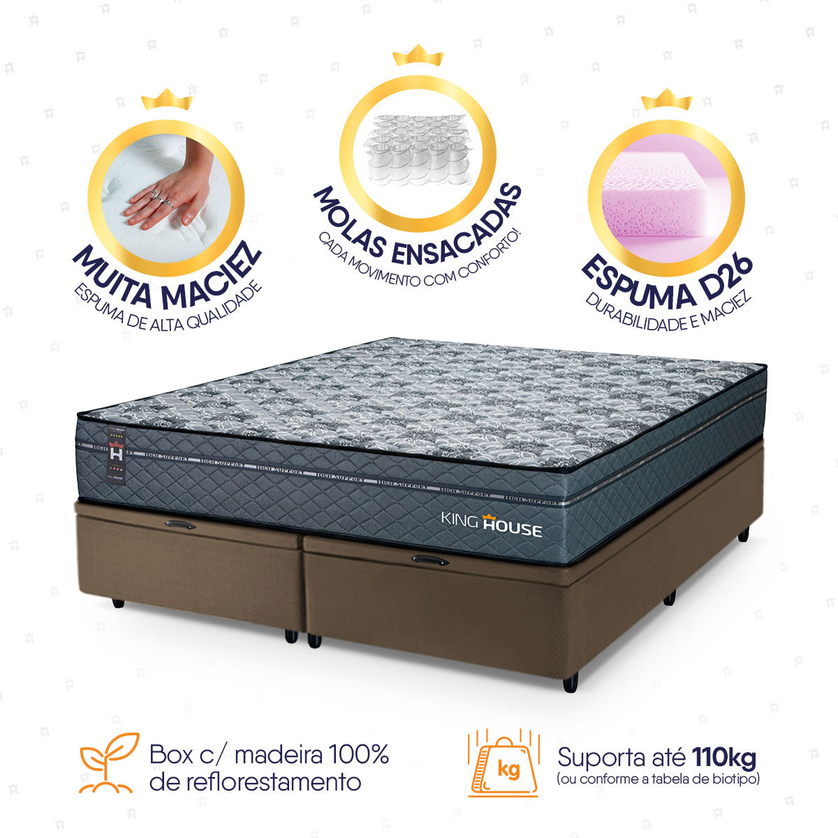 Cama Box Baú Montreal c/ Molas Ensacadas 158x198 Cinza e Marrom Espuma D26 Suporta 110 kg