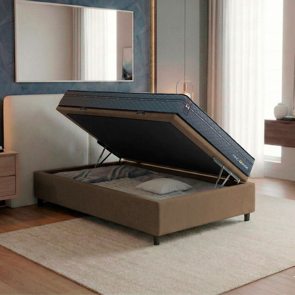 Cama Box Baú Montreal 88x188 Cinza e Marrom c/ Molas Ensacadas Espuma D26 Suporta 110 kg