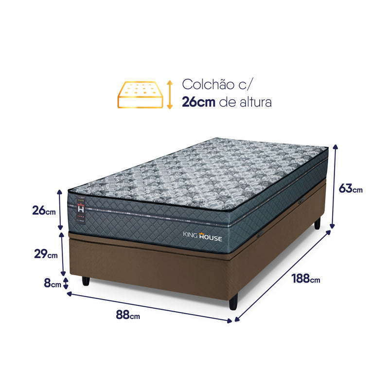 Cama Box Baú Montreal 88x188 Cinza e Marrom c/ Molas Ensacadas Espuma D26 Suporta 110 kg