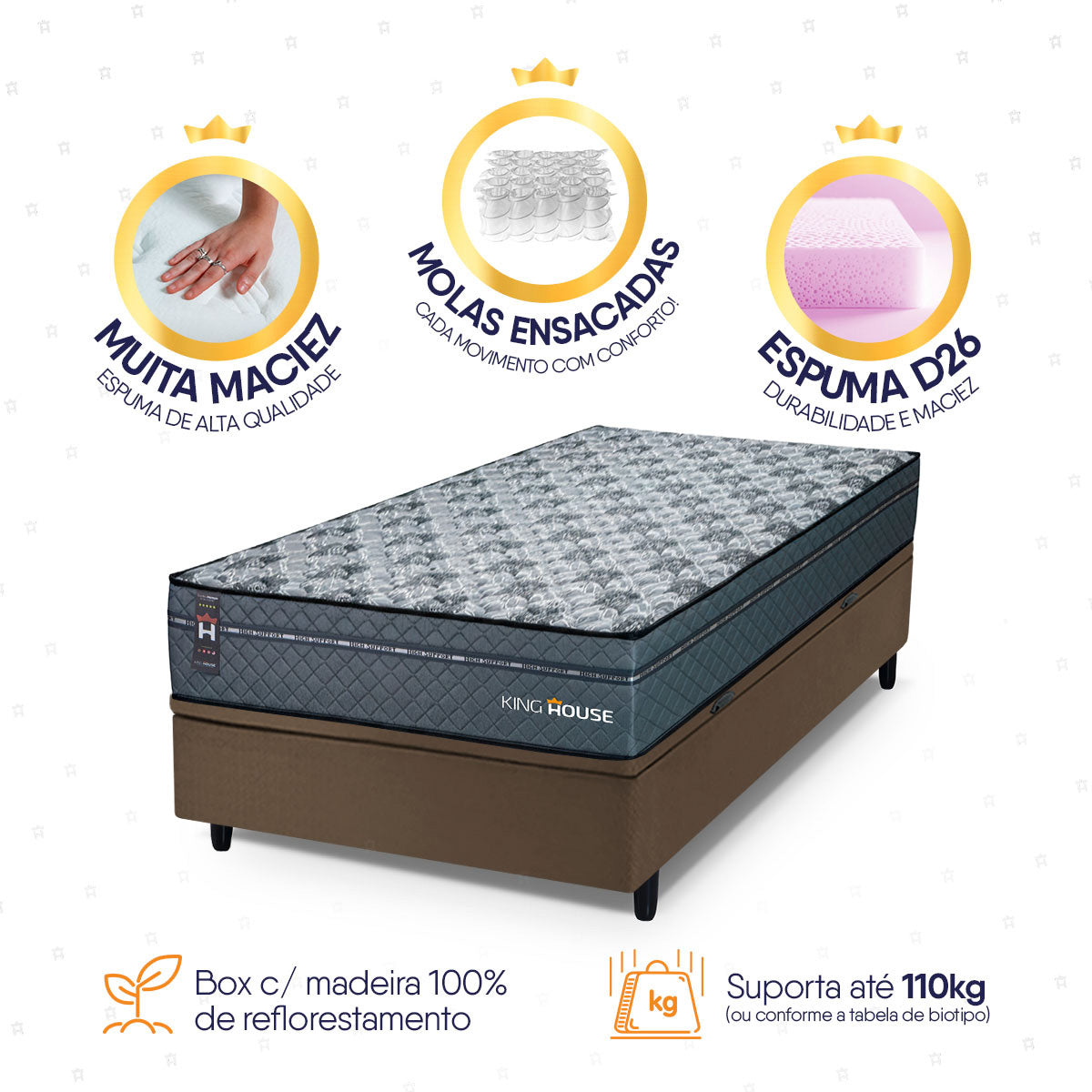Cama Box Baú Montreal 88x188 Cinza e Marrom c/ Molas Ensacadas Espuma D26 Suporta 110 kg