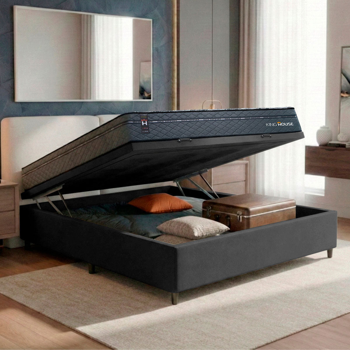 Cama Box Baú Montreal 138x188 Cinza e Preto c/ Molas Ensacadas Espuma D26 Suporta 110 kg