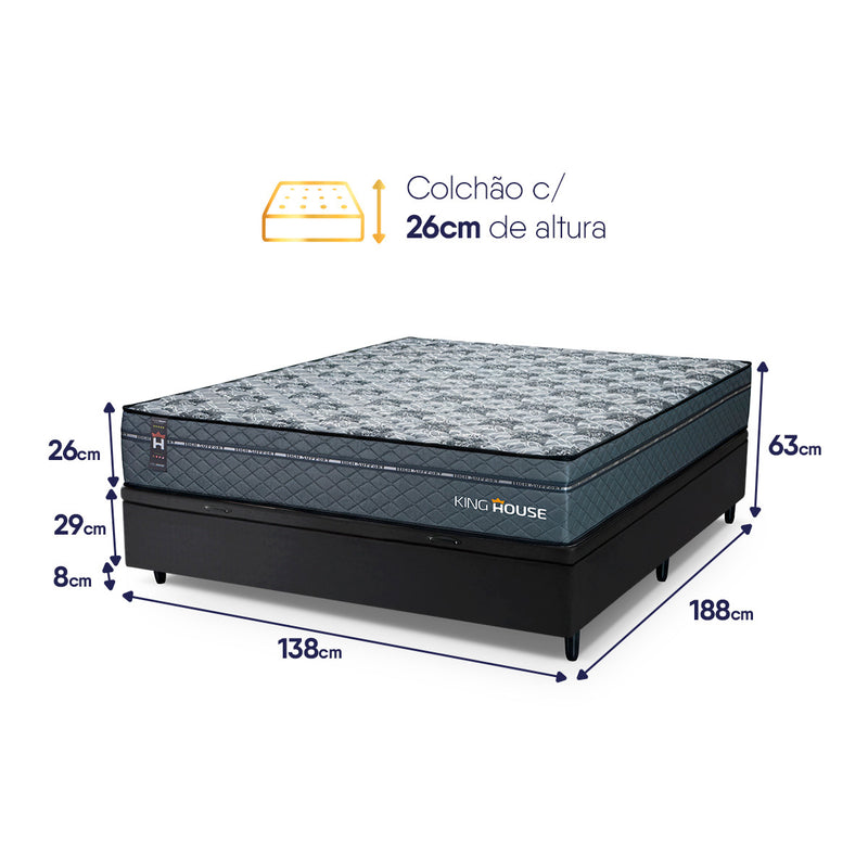 Cama Box Baú Montreal 138x188 Cinza e Preto c/ Molas Ensacadas Espuma D26 Suporta 110 kg