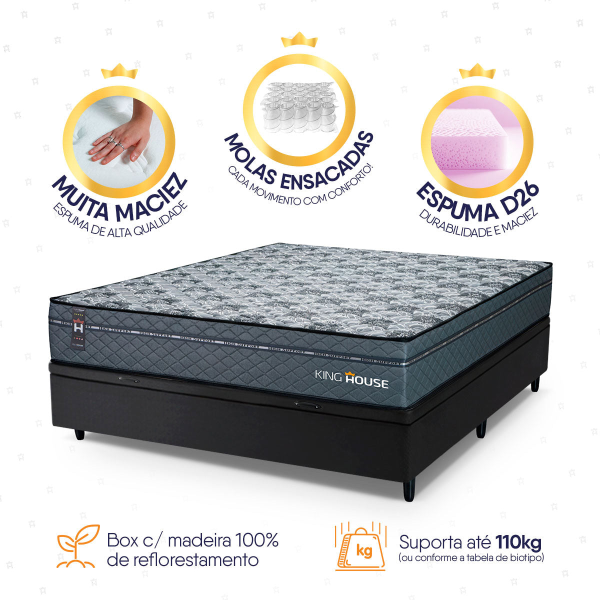 Cama Box Baú Montreal 138x188 Cinza e Preto c/ Molas Ensacadas Espuma D26 Suporta 110 kg