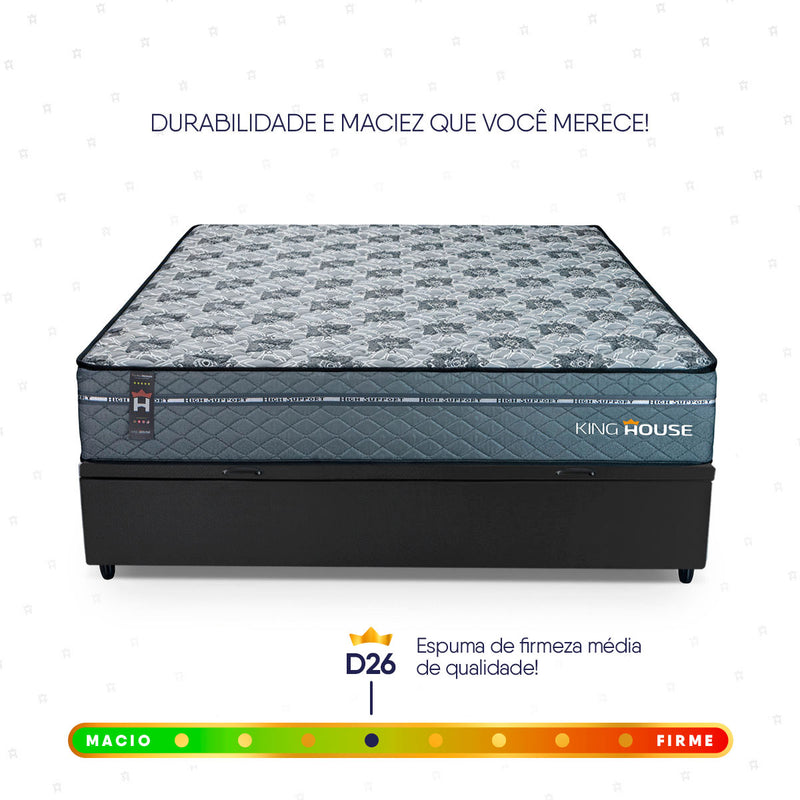 Cama Box Baú Montreal 138x188 Cinza e Preto c/ Molas Ensacadas Espuma D26 Suporta 110 kg