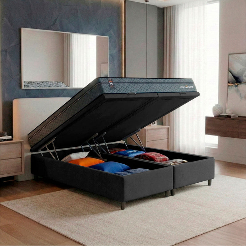 Cama Box Baú Montreal c/ Molas Ensacadas 158x198 Cinza e Preto Espuma D26 Suporta 110 kg