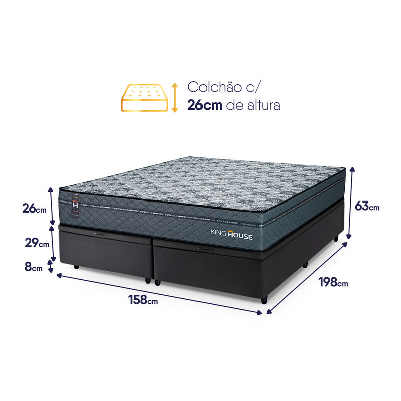 Cama Box Baú Montreal c/ Molas Ensacadas 158x198 Cinza e Preto Espuma D26 Suporta 110 kg