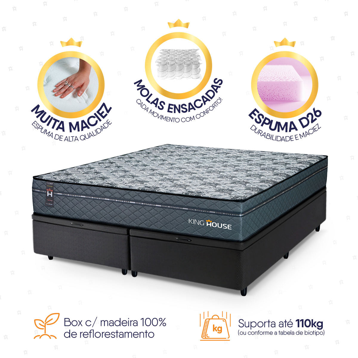 Cama Box Baú Montreal c/ Molas Ensacadas 158x198 Cinza e Preto Espuma D26 Suporta 110 kg
