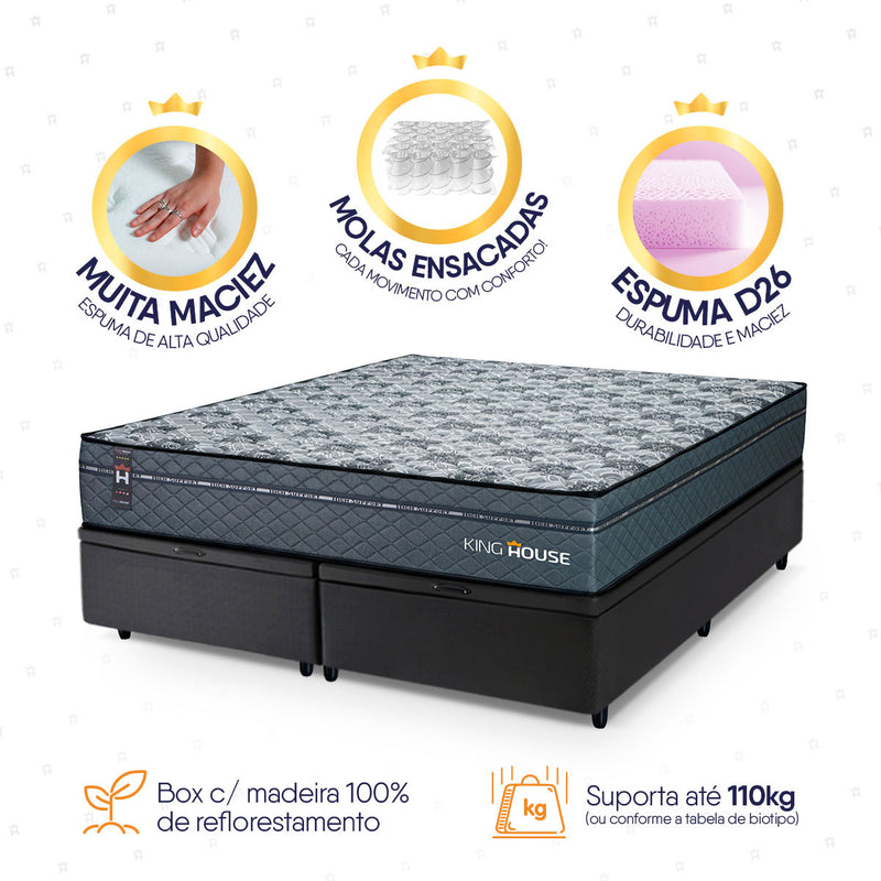 Cama Box Baú Montreal c/ Molas Ensacadas 158x198 Cinza e Preto Espuma D26 Suporta 110 kg