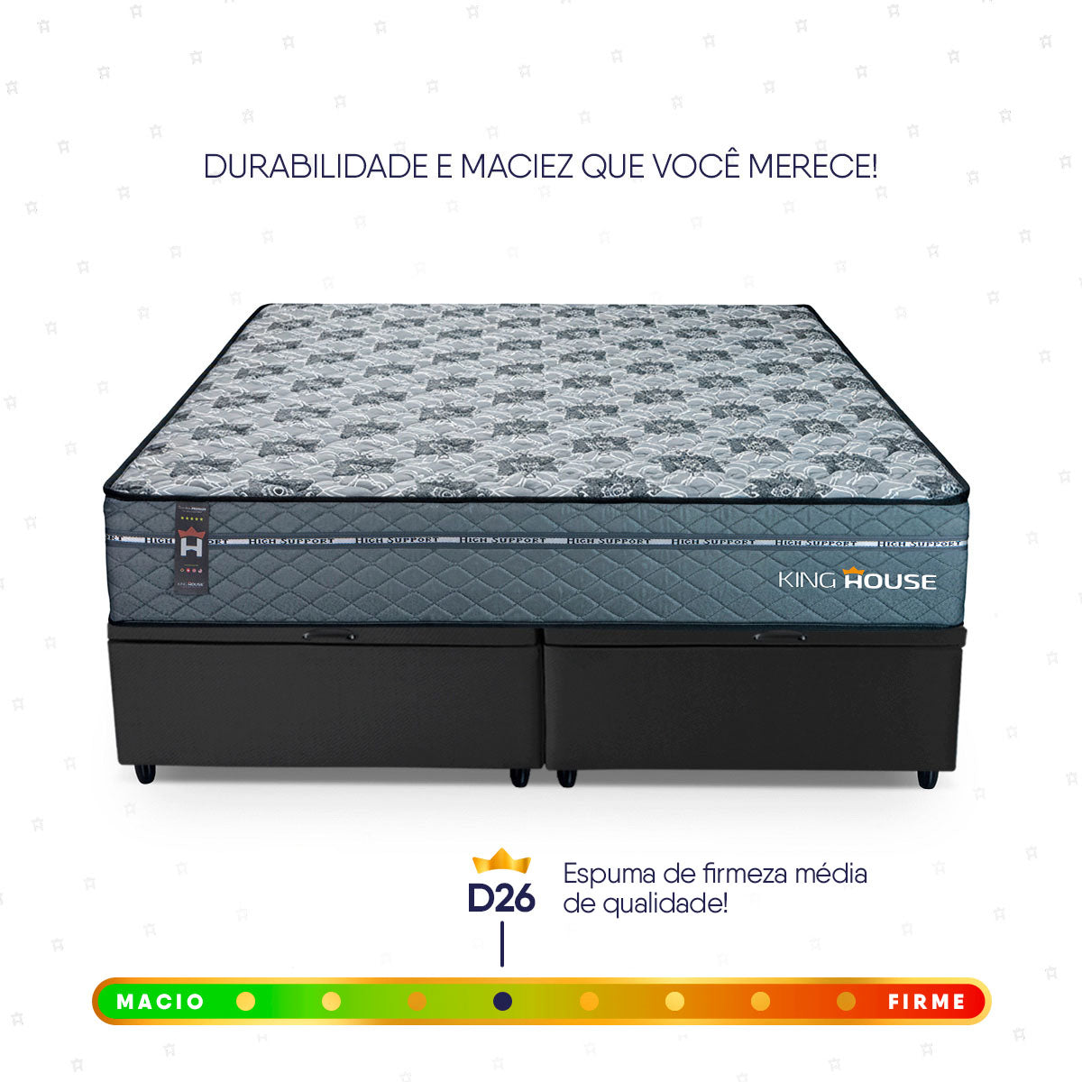Cama Box Baú Montreal c/ Molas Ensacadas 158x198 Cinza e Preto Espuma D26 Suporta 110 kg
