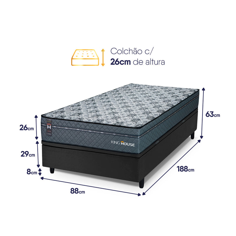 Cama Box Baú Montreal 88x188 Cinza e Preto c/ Molas Ensacadas Espuma D26 Suporta 110 kg