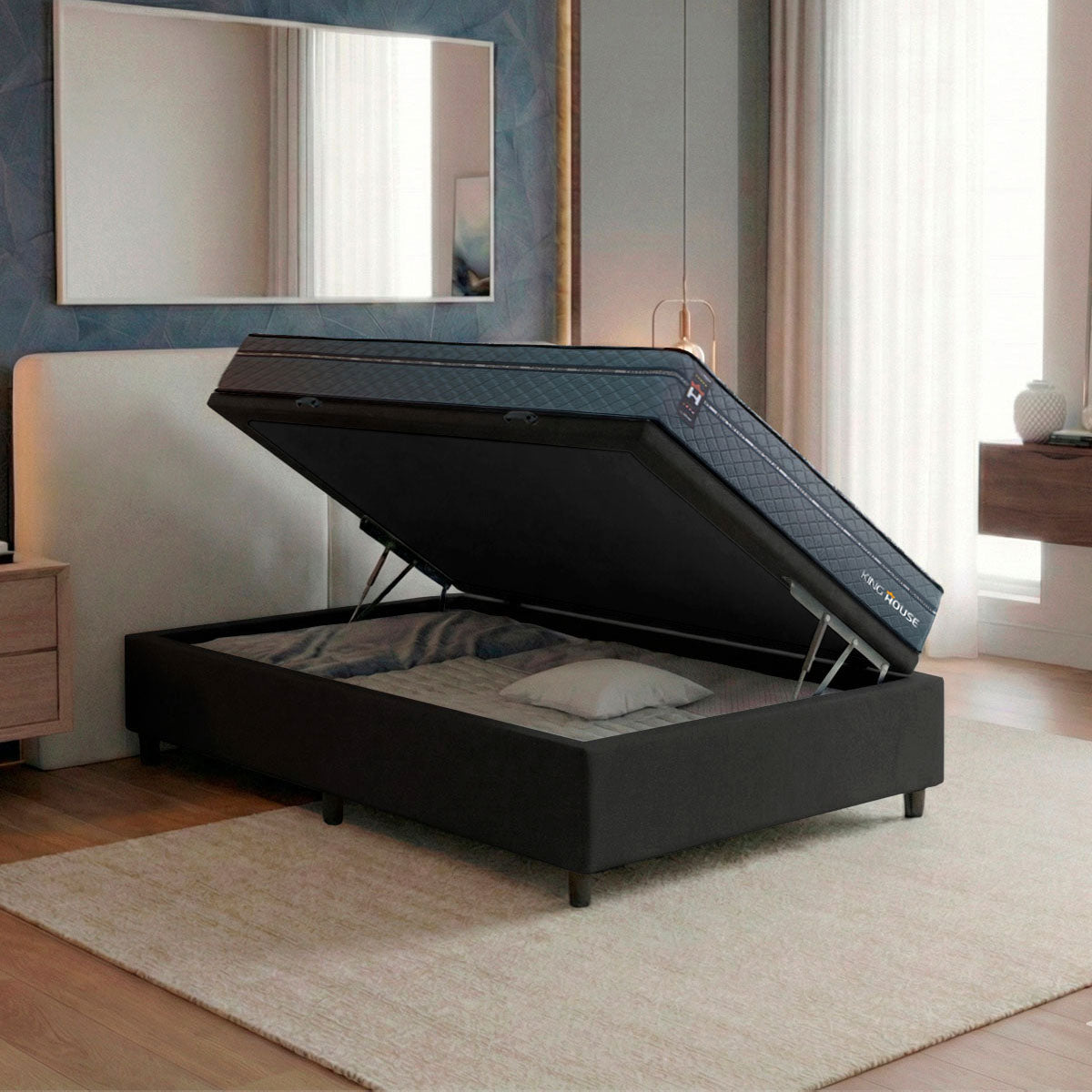 Cama Box Baú Montreal 96x203 Cinza e Preto c/ Molas Ensacadas Espuma D26 Suporta 110 kg