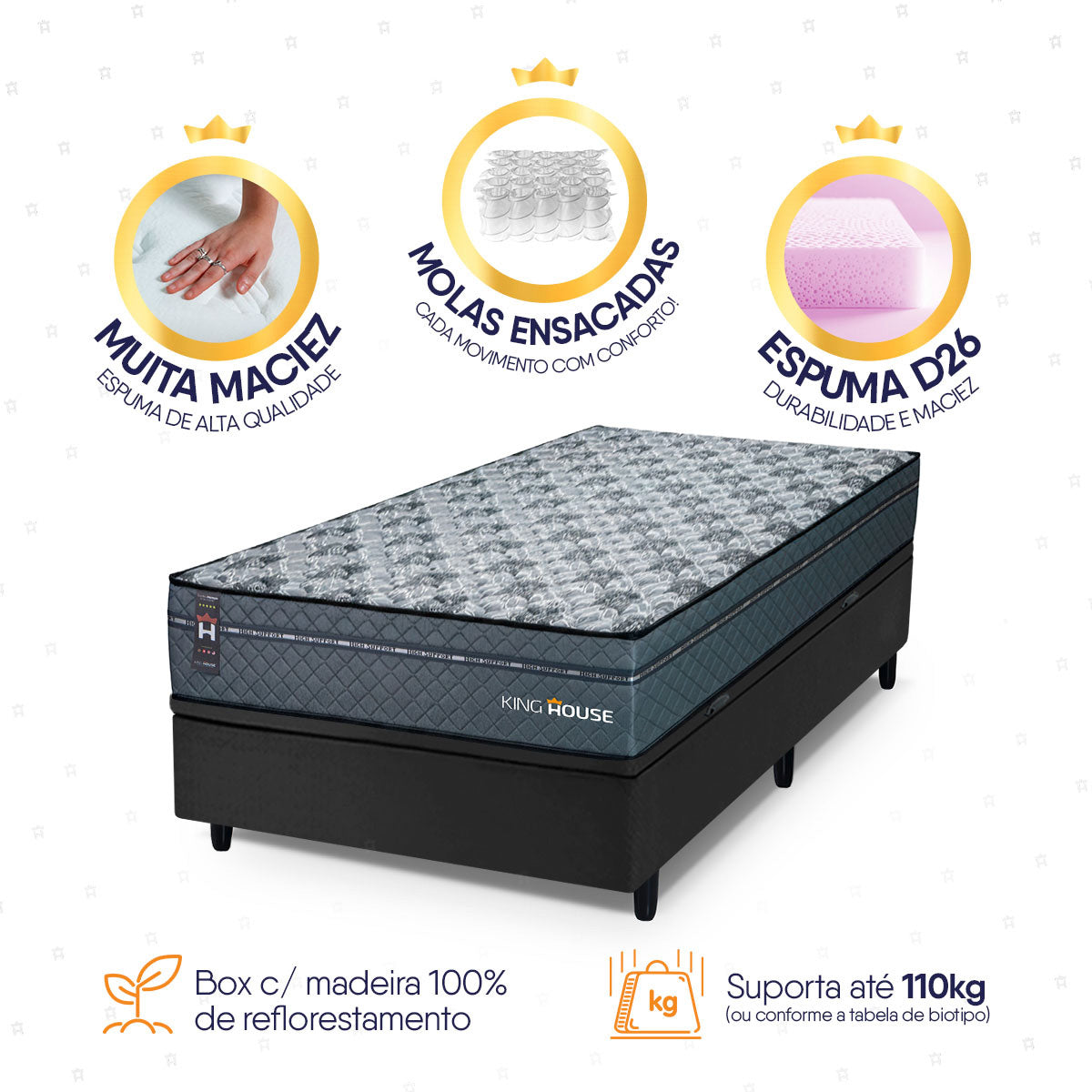 Cama Box Baú Montreal 96x203 Cinza e Preto c/ Molas Ensacadas Espuma D26 Suporta 110 kg