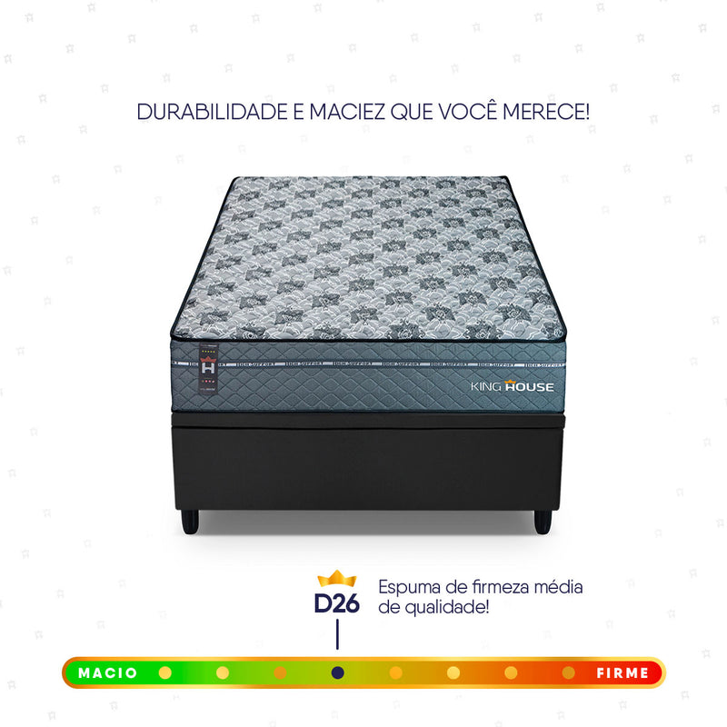 Cama Box Baú Montreal 96x203 Cinza e Preto c/ Molas Ensacadas Espuma D26 Suporta 110 kg