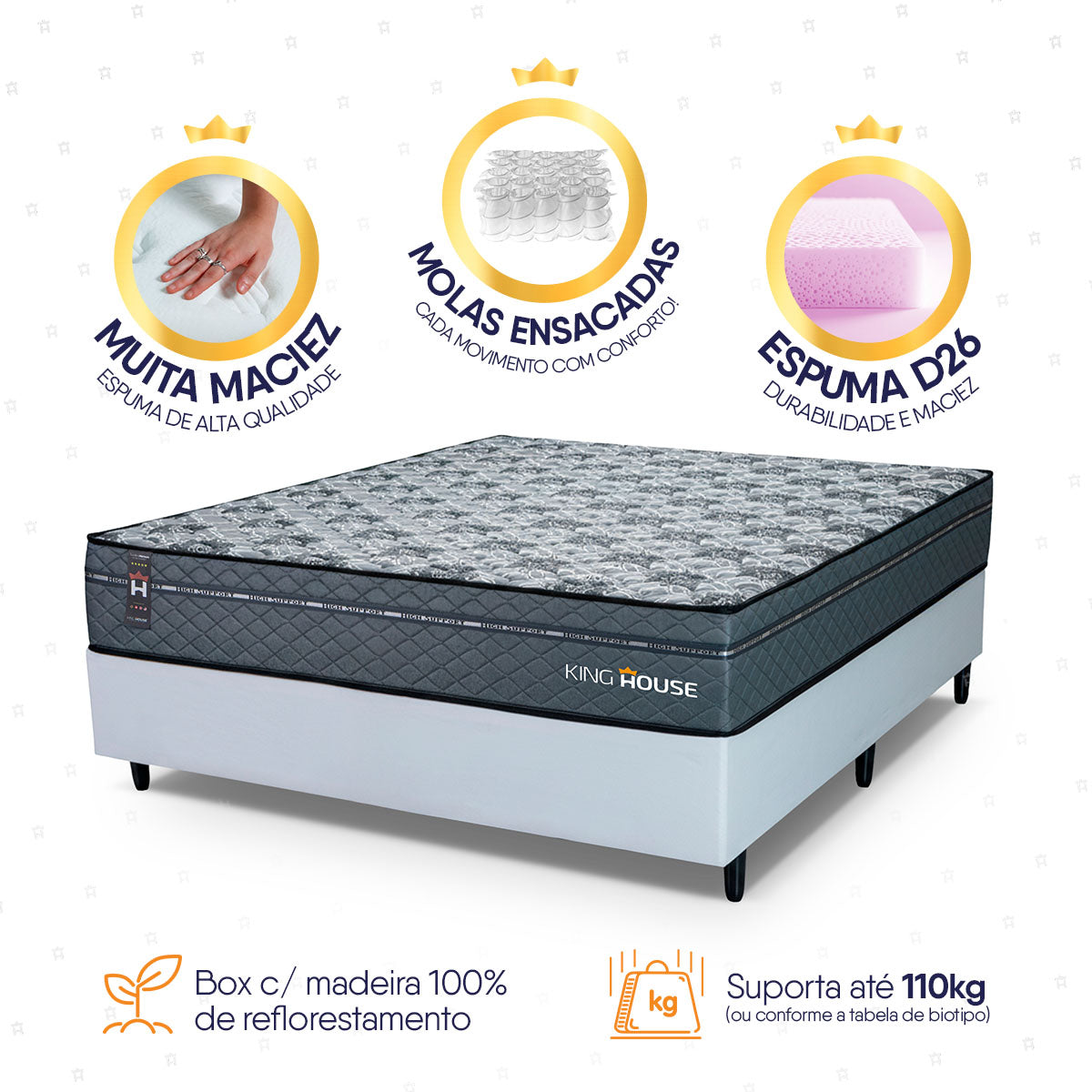Cama Box Molas Ensacadas Montreal Casal 138x188 Branco Espuma D26 Suporta 120 Kg Por Pessoa