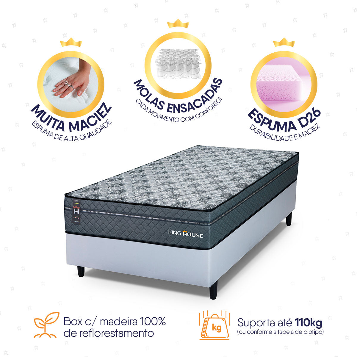Cama Box Molas Ensacadas Montreal Solteiro 88x188 Branco Espuma D26 Suporta 120 Kg Por Pessoa