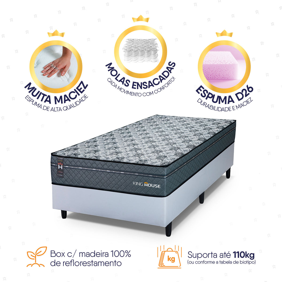 Cama Box Molas Ensacadas Montreal Solteiro 96x203 Branco Espuma D26 Suporta 120 Kg Por Pessoa