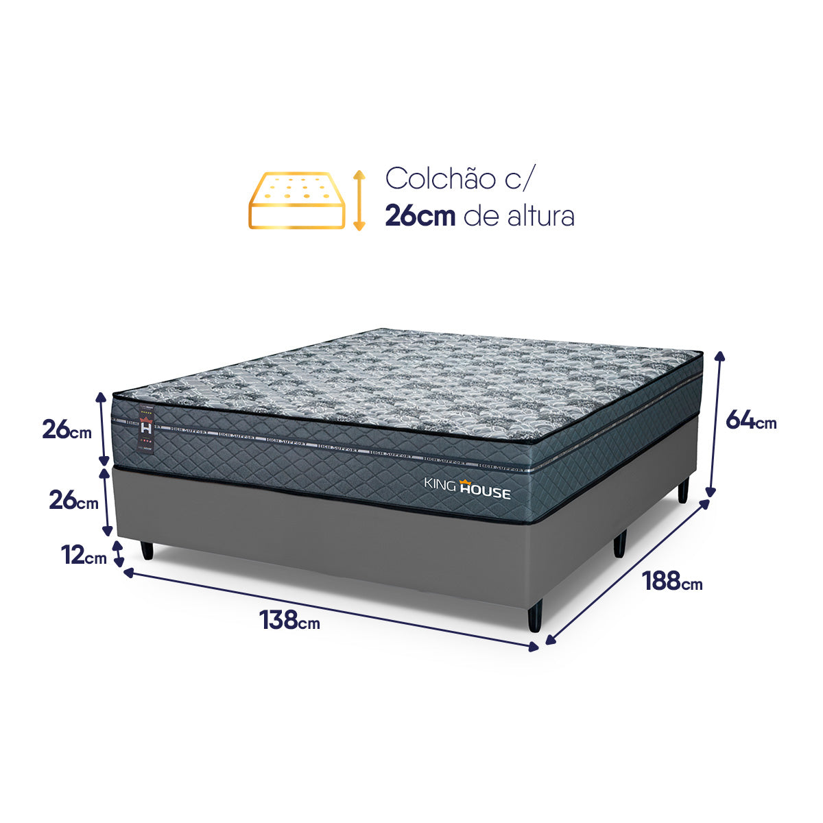 Cama Box Molas Ensacadas Montreal Casal 138x188 Cinza Espuma D26 Suporta 120 Kg Por Pessoa