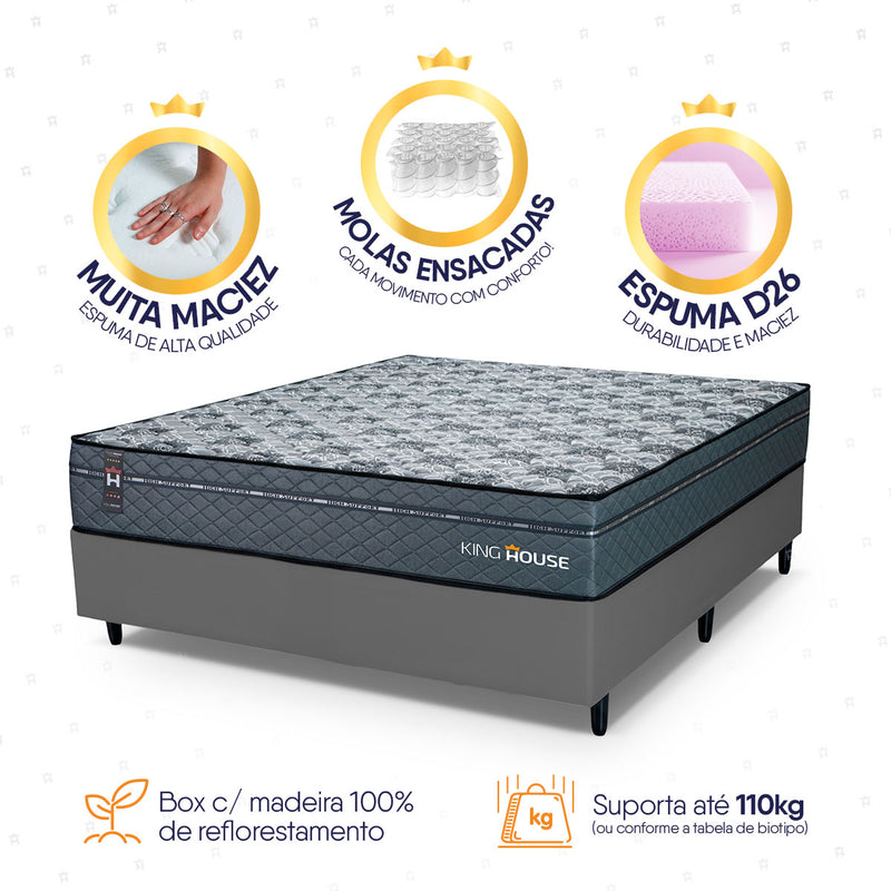 Cama Box Molas Ensacadas Montreal Casal 138x188 Cinza Espuma D26 Suporta 120 Kg Por Pessoa