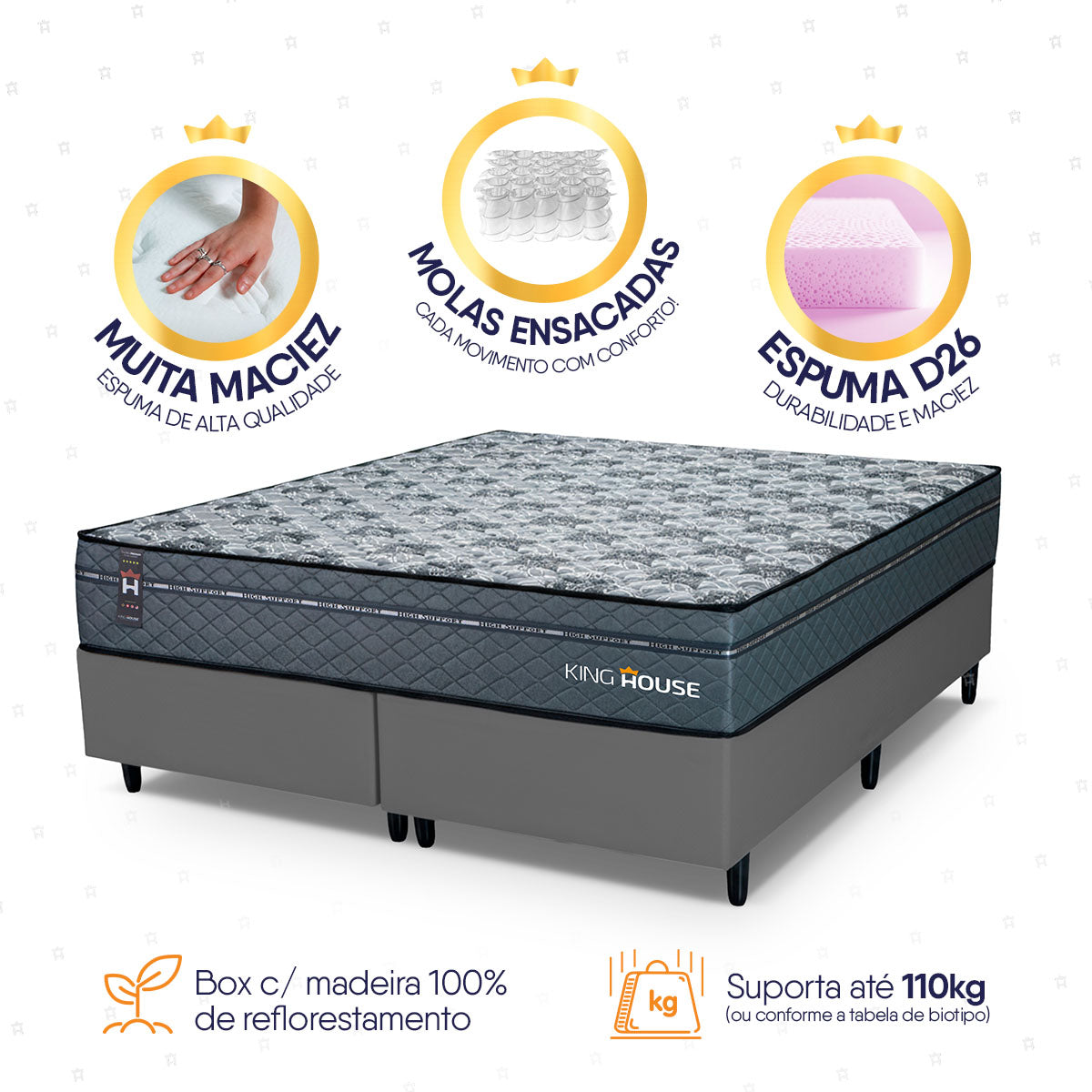 Cama Box Montreal Molas Ensacadas Queen 158x198 Cinza Espuma D26 Suporta 120 Kg Por Pessoa