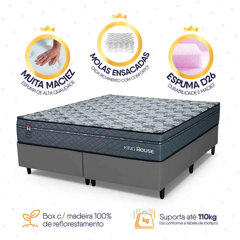 Cama Box Montreal Molas Ensacadas Queen 158x198 Cinza Espuma D26 Suporta 120 Kg Por Pessoa