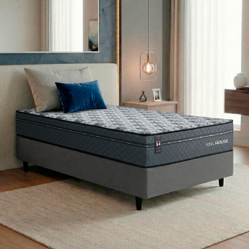 Cama Box Molas Ensacadas Montreal Solteiro 88x188 Cinza Espuma D26 Suporta 120 Kg Por Pessoa