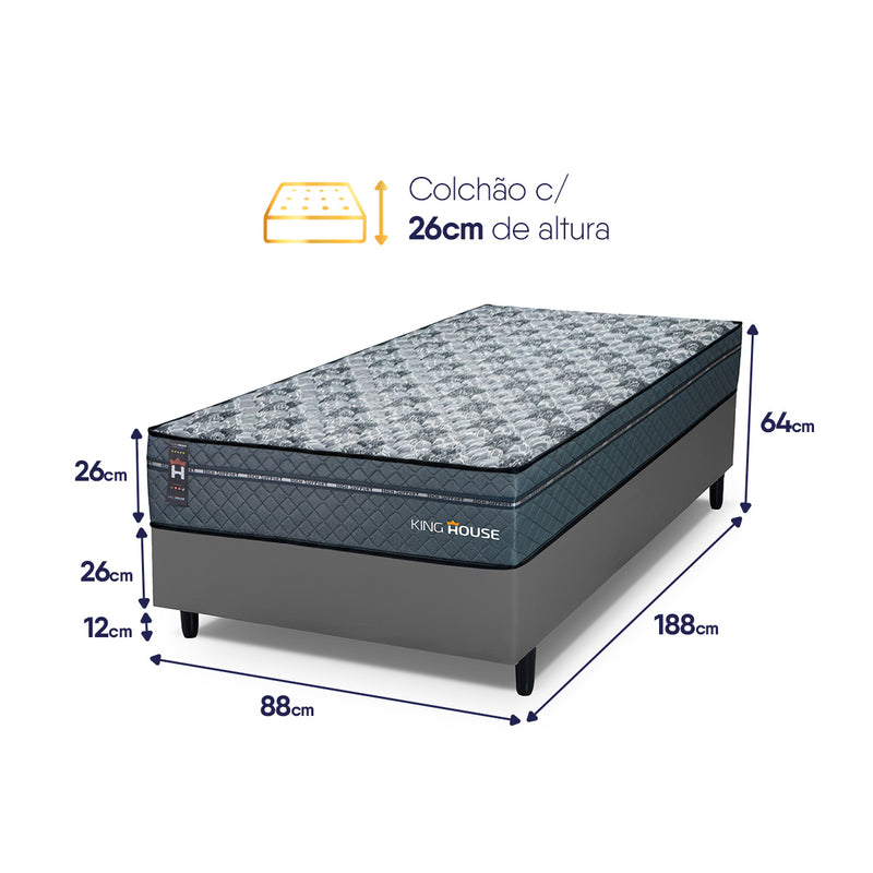 Cama Box Molas Ensacadas Montreal Solteiro 88x188 Cinza Espuma D26 Suporta 120 Kg Por Pessoa