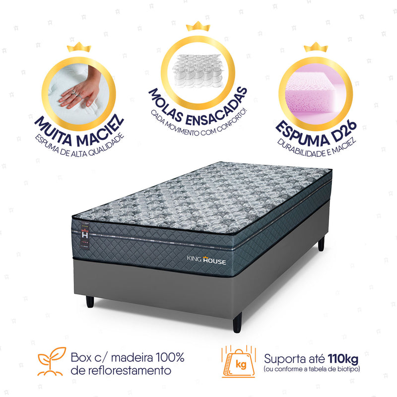 Cama Box Molas Ensacadas Montreal Solteiro 88x188 Cinza Espuma D26 Suporta 120 Kg Por Pessoa