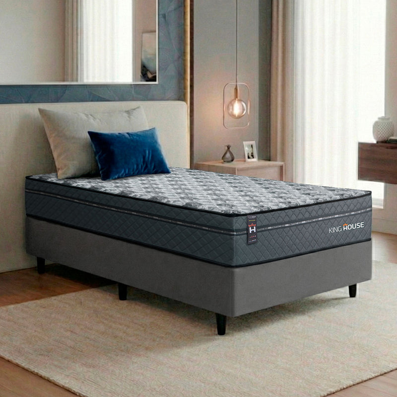 Cama Box Molas Ensacadas Montreal Solteiro 96x203 Cinza Espuma D26 Suporta 120 Kg Por Pessoa