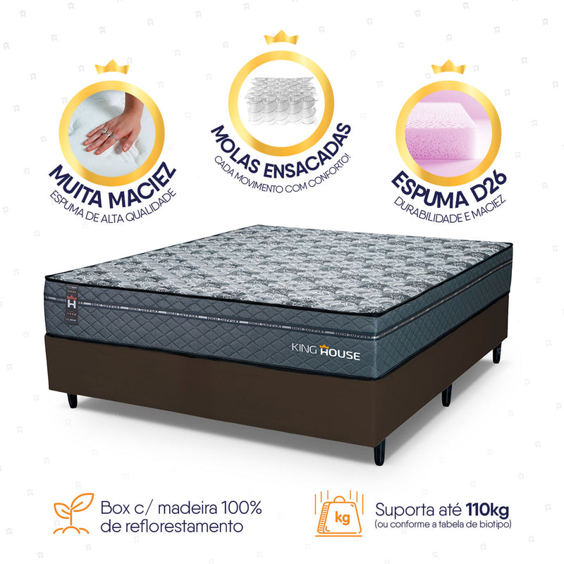 Cama Box Molas Ensacadas Montreal Casal 138x188 Marrom Espuma D26 Suporta 120 Kg Por Pessoa