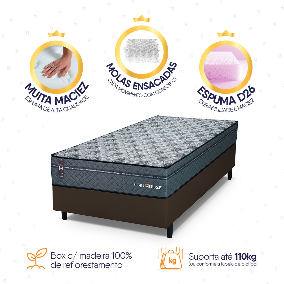 Cama Box Molas Ensacadas Montreal Solteiro 88x188 Marrom Espuma D26 Suporta 120 Kg Por Pessoa