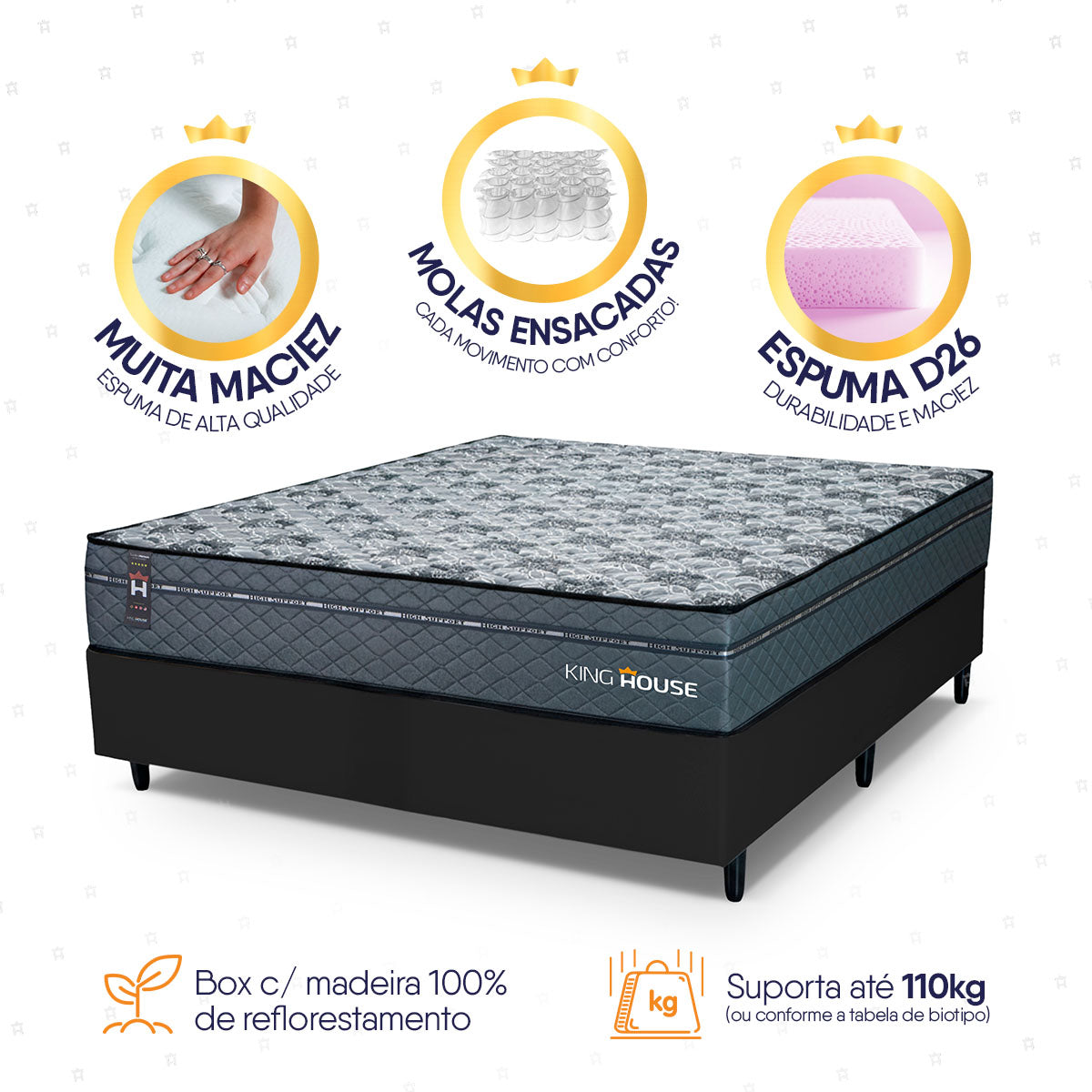 Cama Box Molas Ensacadas Montreal Casal 138x188 Preto Espuma D26 Suporta 120 Kg Por Pessoa